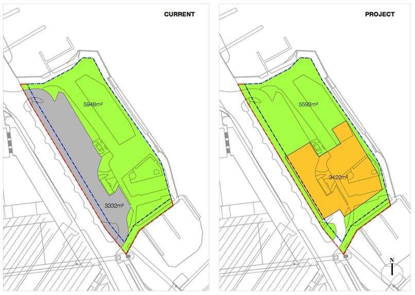 Der Neubau (orange) kämte sehr nahe ans Seeufer. Grau eingezeichnet ist der heutige Carparplatz, der aufgehoben würde.