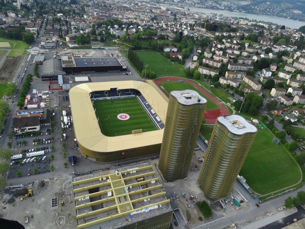 Marques grösster Bau in Luzern: Das FCL-Stadion mit den beiden Hochhäusern und dem Sportgebäude.